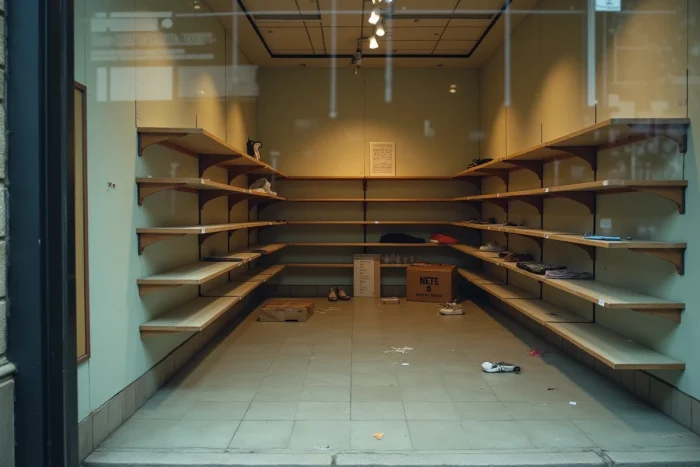 Intérieur vide d'une ancienne boutique française fermée définitivement avec rayonnages abandonnés