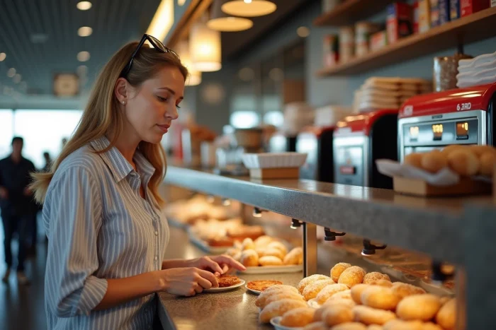 Intérieur d'une cafétéria d'aire d'autoroute en Espagne avec des snacks et boissons locaux