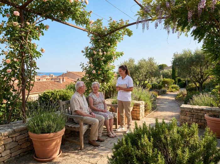 Deux résidents profitant du jardin méditerranéen d'une maison de retraite à Toulon avec vue sur les toits et la mer