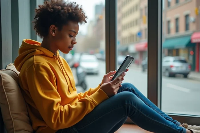 Jeune personne consultant un site de ressources web innovantes sur une tablette près d'une fenêtre urbaine