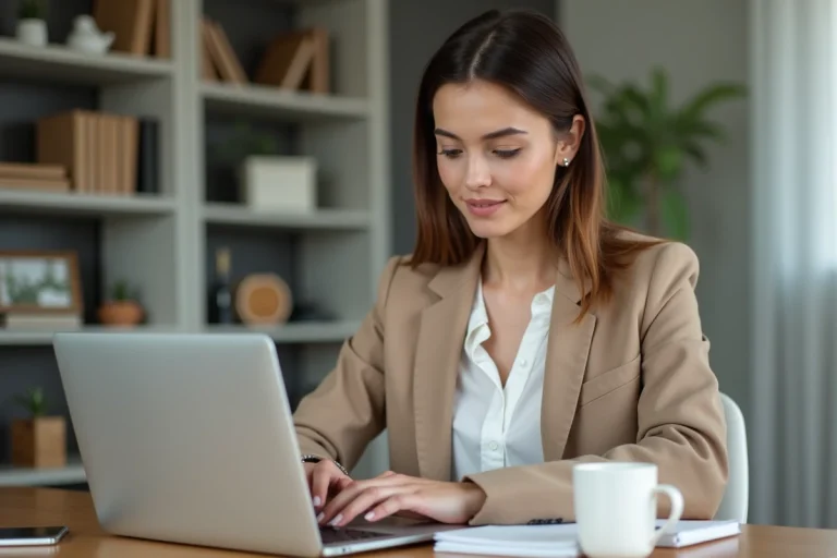 Femme professionnelle assise à son bureau moderne en home office