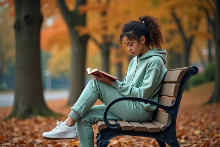 Jeune femme aux cheveux bouclés lisant sur un banc de parc entouré de feuilles d'automne dorées