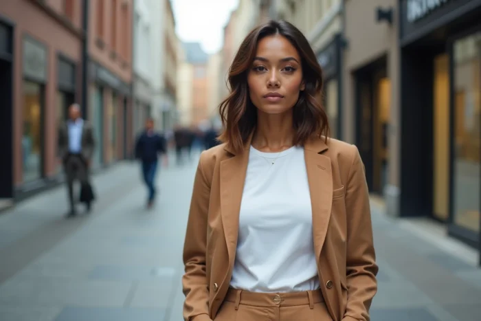 Jeune femme confiante en blazer camel sur un trottoir de ville avec architecture urbaine en arrière-plan flou