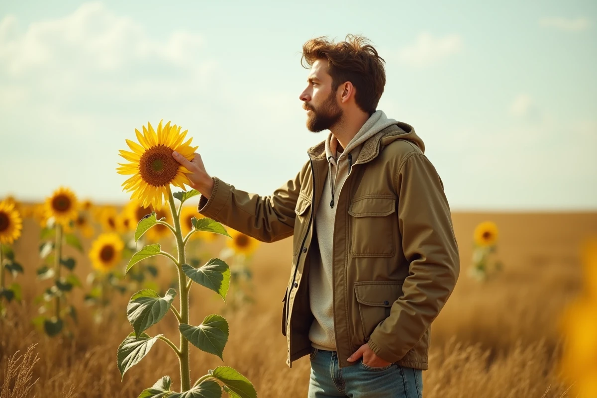 Giovane uomo in un prato di girasoli