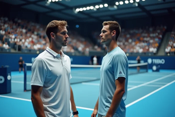 Deux joueurs de tennis professionnels attendant la décision de l'arbitre lors d'un échange disputé en salle