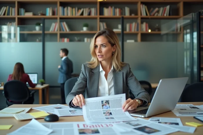 Une journaliste dans une salle de rédaction moderne analysant des documents et des profils sur réseaux sociaux, symbolisant le travail de vérification des informations sur la vie privée de personnalités publiques