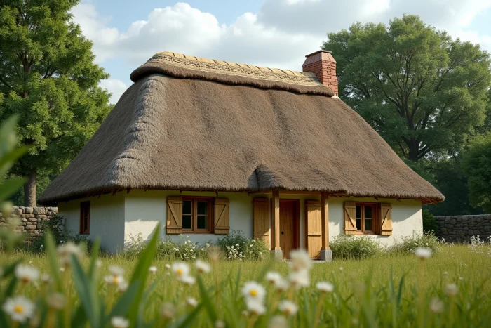 Maison de campagne française avec un toit en chaume traditionnel entièrement terminé et une crête décorative