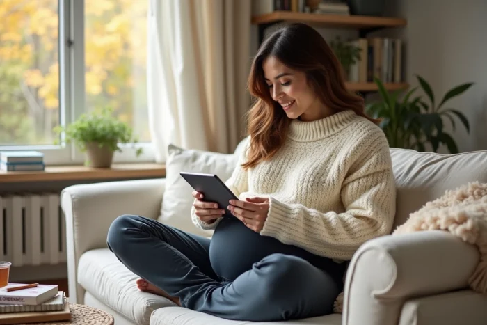 Maman moderne consultant des nouveautés et actualités Bella Maman sur tablette dans un salon contemporain en automne
