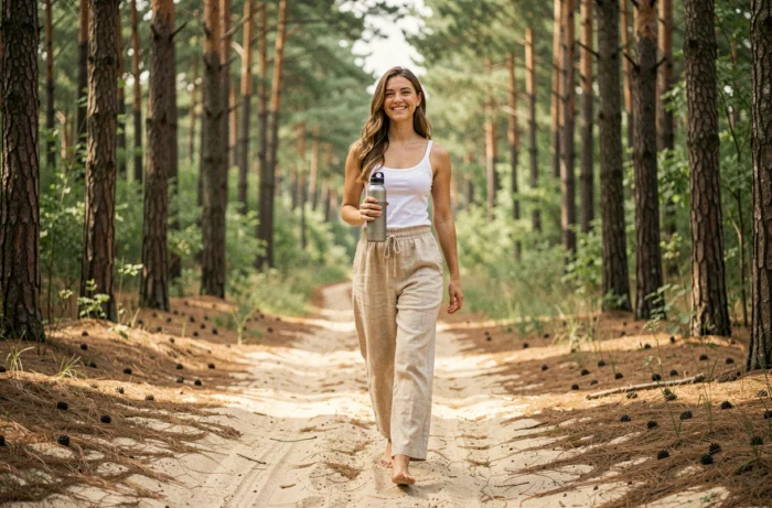 Jeune femme marchant pieds nus dans un chemin forestier ensablé pour se ressourcer et prendre soin de son bien-être au naturel