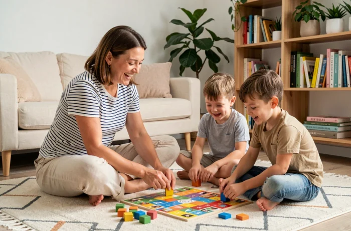Mãe e seus filhos jogando um jogo de tabuleiro em uma sala de estar familiar moderna e aconchegante