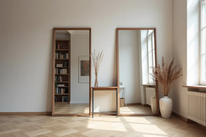 Salon étroit agrandi visuellement par deux grands miroirs sans cadre appuyés stratégiquement contre les murs en opposition, reflétant la fenêtre et la bibliothèque