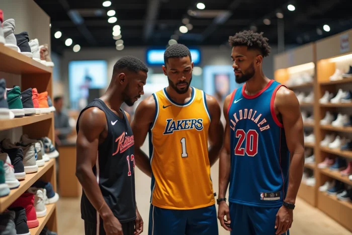 Trois hommes découvrant les nouvelles chaussures et équipements sportifs tendance dans un magasin moderne en 2024