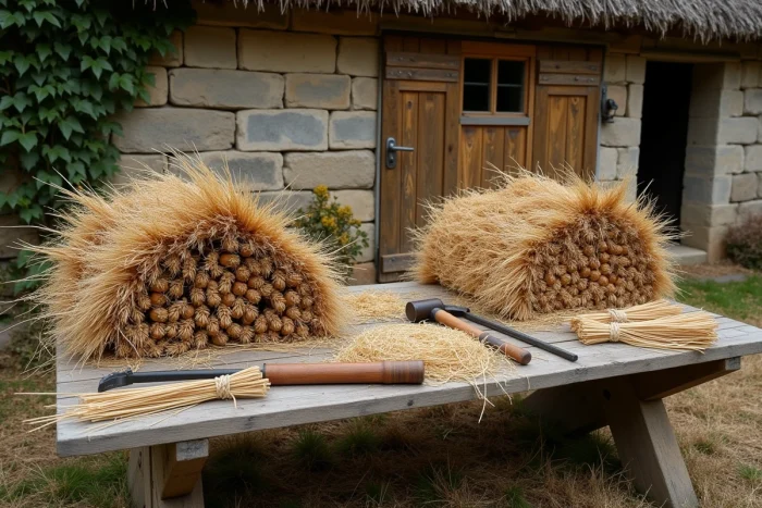 Outils et matériaux traditionnels pour la réalisation d'un toit en chaume disposés sur un établi rustique