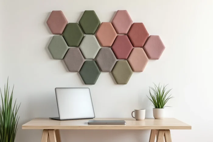 Panneaux acoustiques hexagonaux en feutre recyclé rose, vert sauge et gris disposés en motif décoratif sur un mur de bureau à domicile