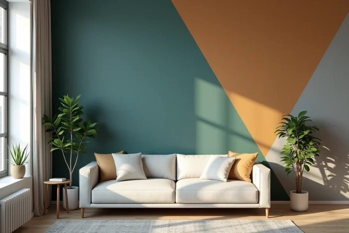 Mur d'accent recouvert d'un papier peint amovible géométrique en sarcelle et ocre, sans perçage, dans un salon moderne au mobilier épuré