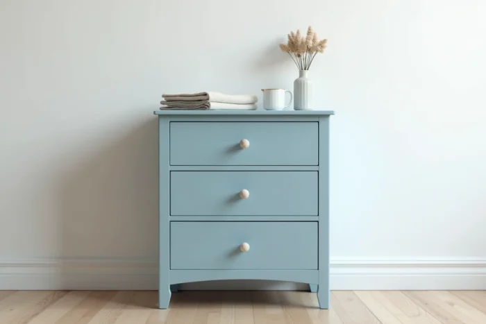 Meuble en mélaminé repeint à la peinture à la craie bleu poudré mat, sans ponçage, avec une poignée en céramique et une finition brossée visible