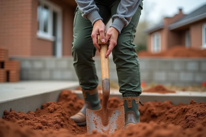 Femme utilisant une pelle pour creuser dans un sol argileux sur un chantier de construction résidentiel