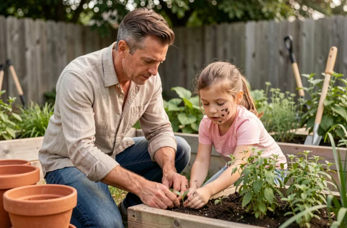 Pai e filha jardineiros juntos em uma horta familiar ao ar livre
