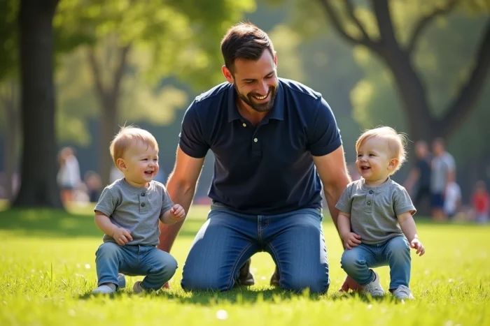 Père de jumeaux jouant avec ses deux enfants en bas âge dans un parc urbain ensoleillé