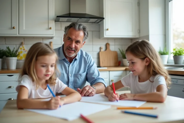 Père de jumelles faisant des activités créatives avec ses deux filles autour d'une table de cuisine moderne