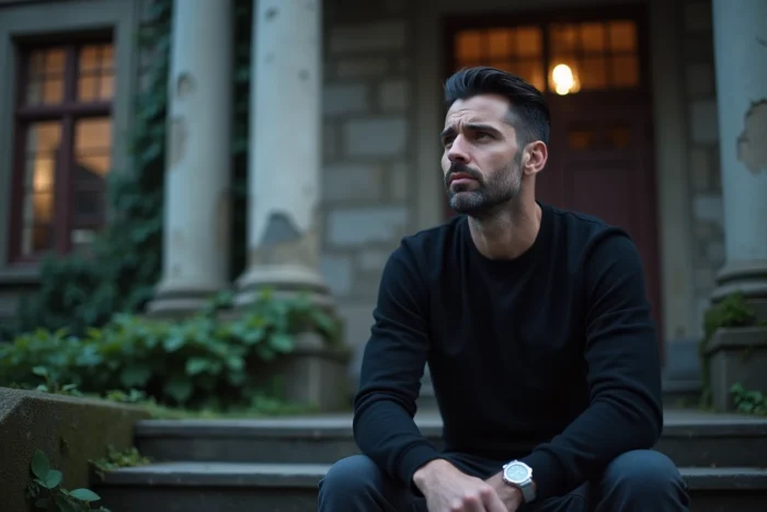 Personnalité télévisuelle spécialisée dans le paranormal assis pensif devant un bâtiment historique abandonné