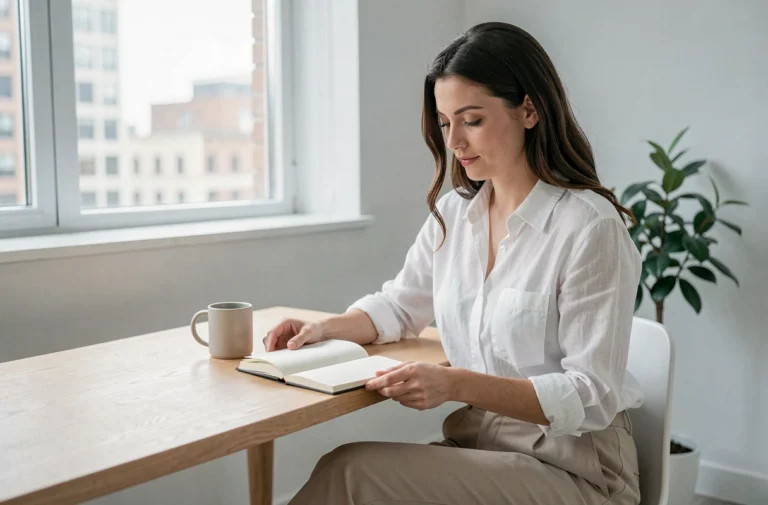 Femme minimaliste assise à un bureau épuré avec un carnet et une tasse, incarnant la simplicité volontaire