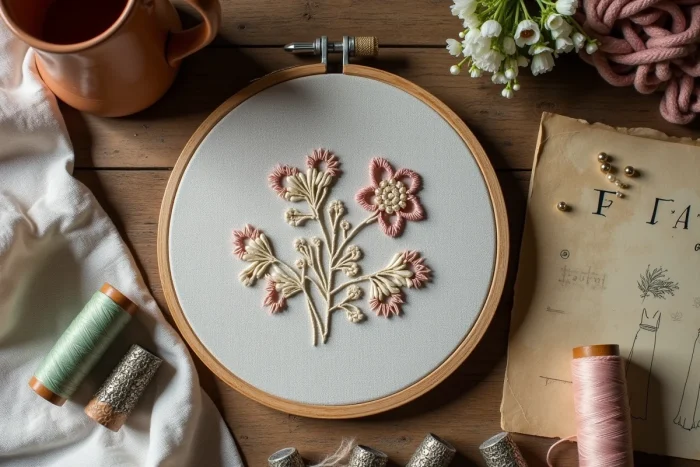 Vue en plat posé d'outils de couture et de dentelle artisanale sur une table en chêne rustique