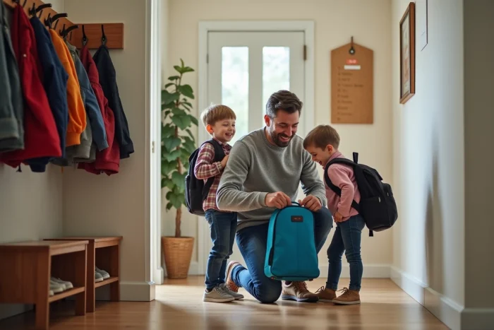 Père aidant ses enfants à préparer leurs sacs d'école dans un couloir d'entrée bien organisé