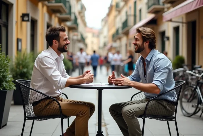 Deux hommes gay discutant joyeusement en terrasse lors d'un premier rendez-vous organisé en ligne