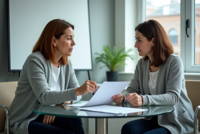 Femme de 55 ans en rendez-vous avec un conseiller financier pour planifier le retrait de ses droits CPF