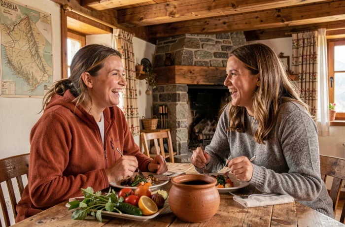 Two travelers sharing a local meal in a mountain refuge in the Alps during a sustainable and friendly stay
