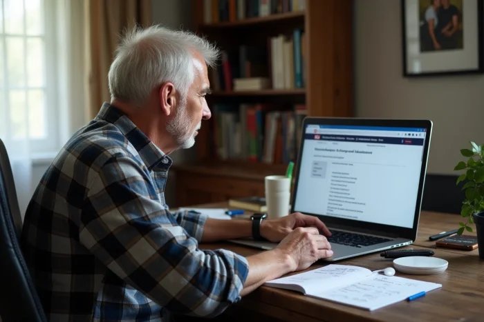 Un retraité consulte les aides disponibles pour réduire le coût des services ADMR sur son ordinateur