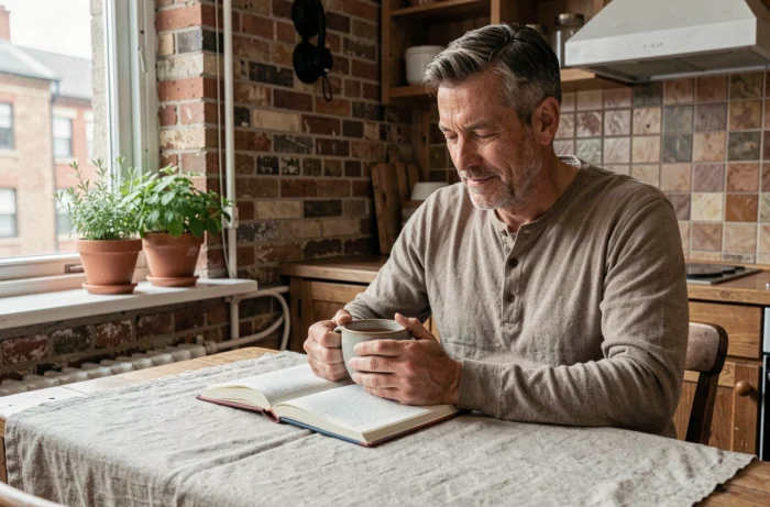 Homme d'une quarantaine d'années lisant un journal de bien-être avec une tasse de tisane dans une cuisine rustique apaisante
