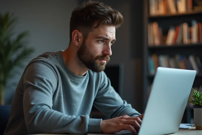 Homme gay évaluant prudemment un profil de rencontre en ligne depuis son bureau à domicile