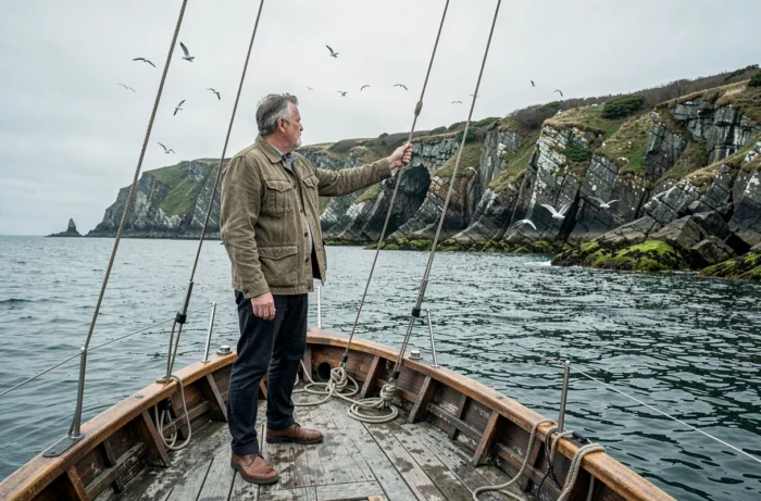 Man traveling by wooden sailboat along the wild coasts of Brittany during an eco-responsible stay
