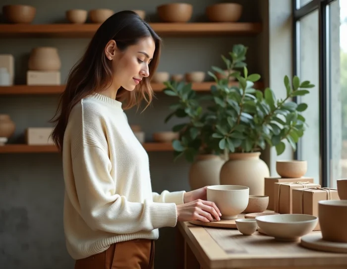 Femme élégante explorant une boutique de décoration artisanale avec objets en céramique et cadeaux emballés