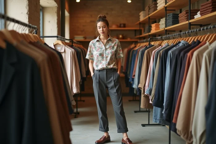 Personne explorant des vêtements gender fluid dans une boutique indépendante aux étagères en bois brut et aux tons neutres