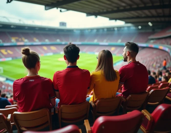Groupe de supporters passionnés réagissant à un match dans un stade bondé