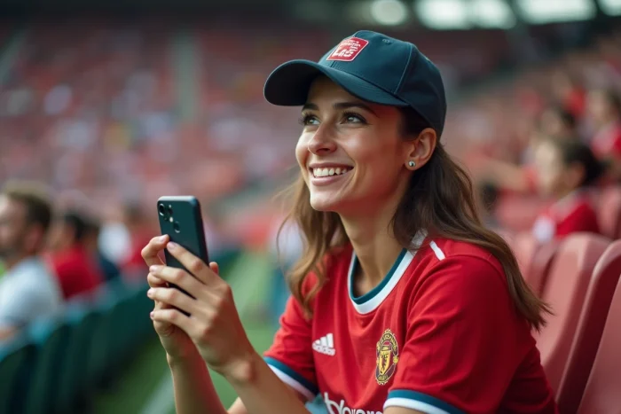 Supportrice enthousiaste dans un stade de football suivant les dernières tendances sportives depuis les tribunes
