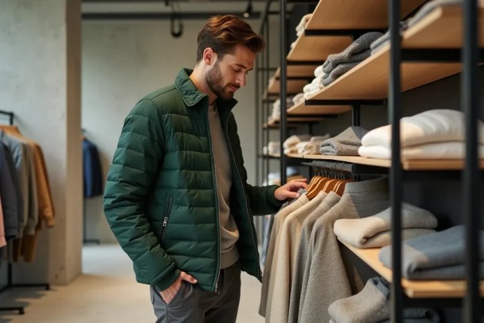 Homme en veste matelassée verte explorant des vêtements dans un concept store minimaliste, mode masculine tendance