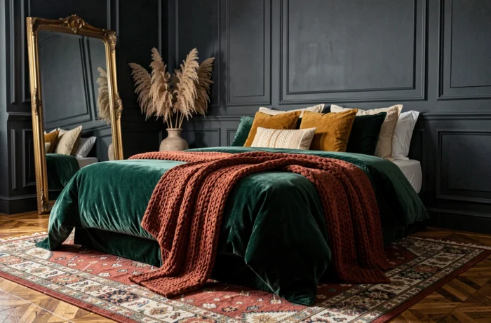 Chambre à coucher tendance avec literie en velours vert forêt, jeté en maille épaisse et murs en lambris gris anthracite