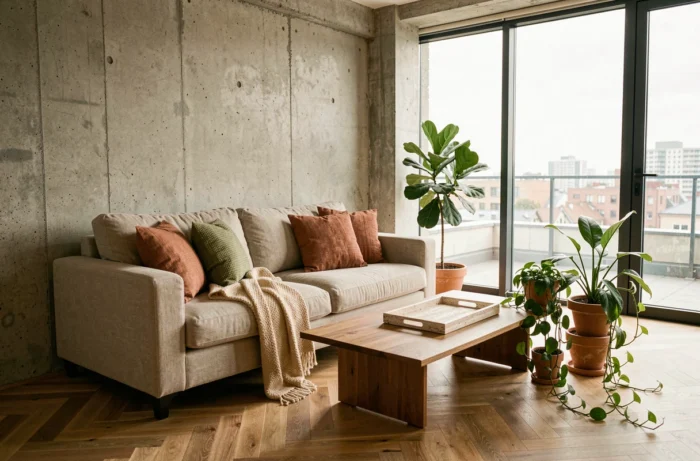 Salon contemporain décoré avec des tendances Scandinaves et biophiliques, canapé en lin, plantes d'intérieur et sol en chêne en chevron
