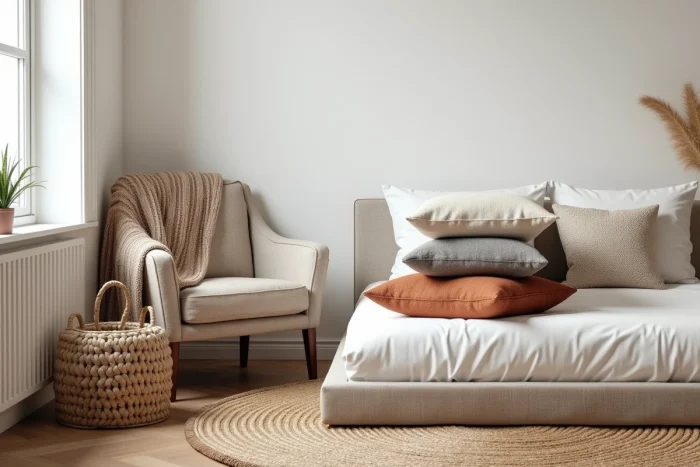 Chambre neutre réchauffée par des textiles superposés : plaid en laine tressée, coussins en terracotta et ivoire, et tapis en jute naturel