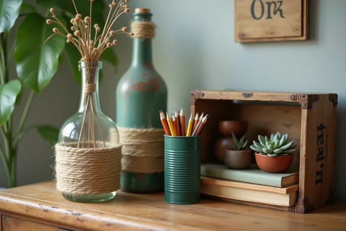 Composition de pièces déco uniques issues de l'upcycling : bouteille en twine, boîte en métal peinte et caisse en bois recyclée servant d'étagère pour des succulentes