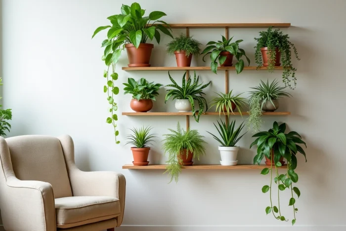 Mur végétalisé vertical avec rails en bois amovibles et pots en terre cuite et céramique blanche accueillant pothos, fougères et plantes aériennes