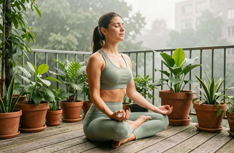 Femme pratiquant le yoga matinal sur un balcon en bois entouré de plantes vertes pour améliorer son bien-être quotidien